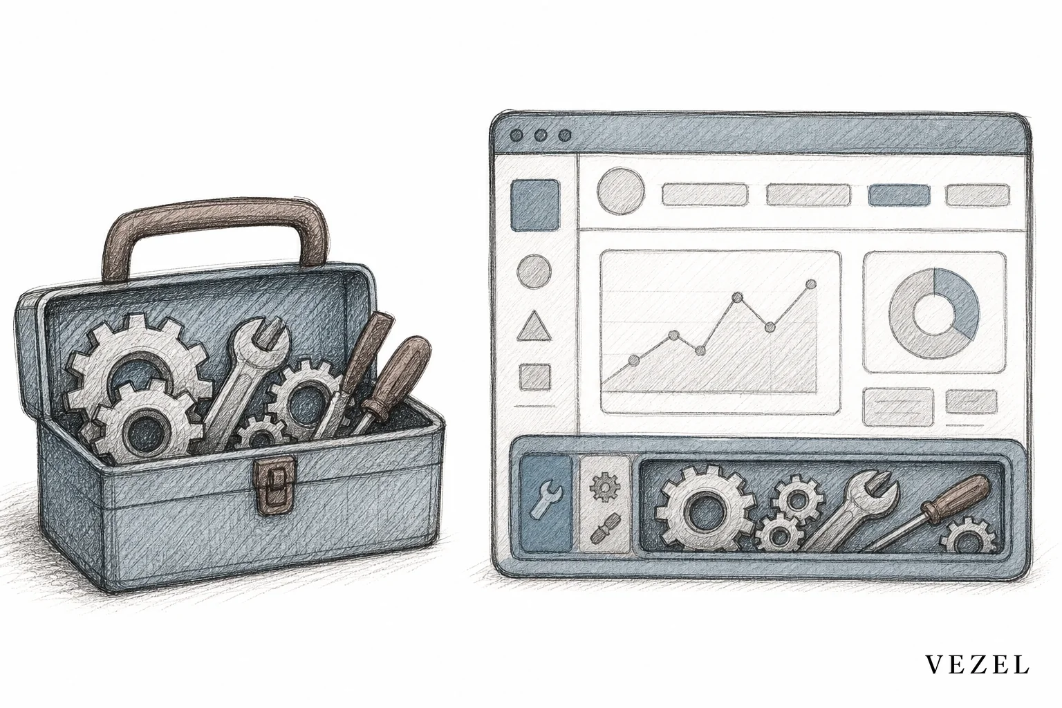 Sketch of two contrasting toolboxes representing internal tool builders versus embedded customer-facing extensibility. sketch, hand-drawn line art pencil sketch with crosshatching, minimal color using #70828c and #64524d, two side-by-side