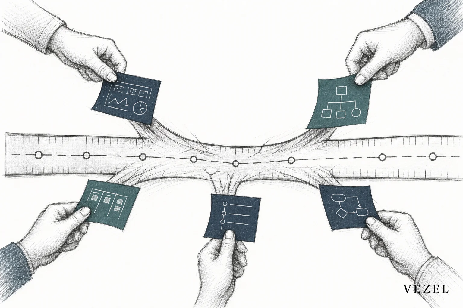 A hand-drawn sketch showing a tangled, overloaded product roadmap timeline being pulled in many directions by enterprise customer requests. sketch, hand-drawn line art pencil sketch with crosshatching and minimal color, showing a horizontal