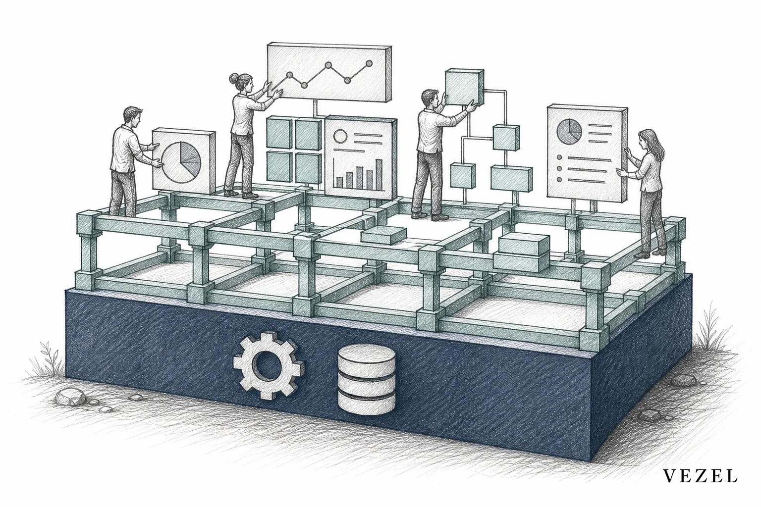 A hand-drawn sketch showing a clean layered architecture diagram: a stable shared core platform with a flexible extension layer above it where customer figures build their own tools. sketch, hand-drawn pencil line art with crosshatching