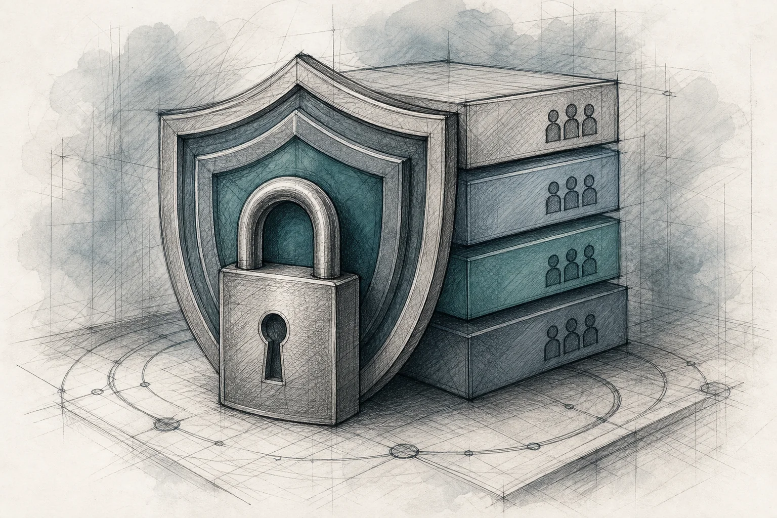 A sketch depicting a padlocked gate or shield protecting layered data tiers, symbolizing permissions and security inheritance. sketch, hand-drawn line art pencil sketch style with crosshatching and minimal color, illustration of a large