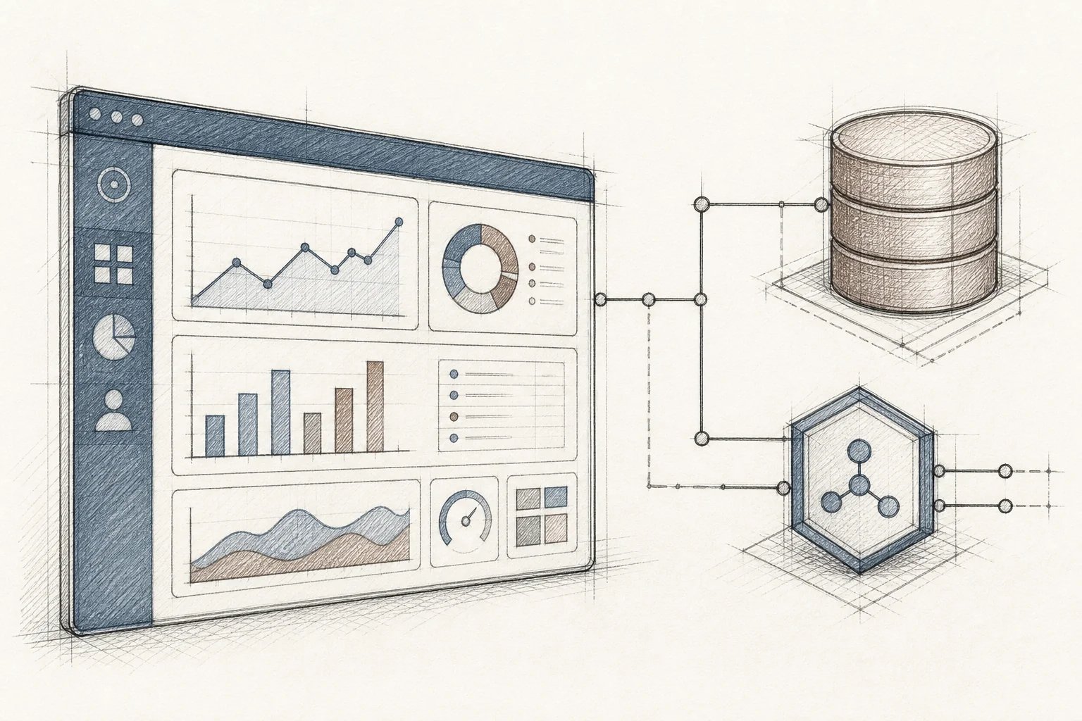 A sketch of an API connection diagram linking a SaaS product interface to a data layer, drawn like a technical blueprint. sketch, hand-drawn line art pencil sketch style with crosshatching and minimal color, technical blueprint style