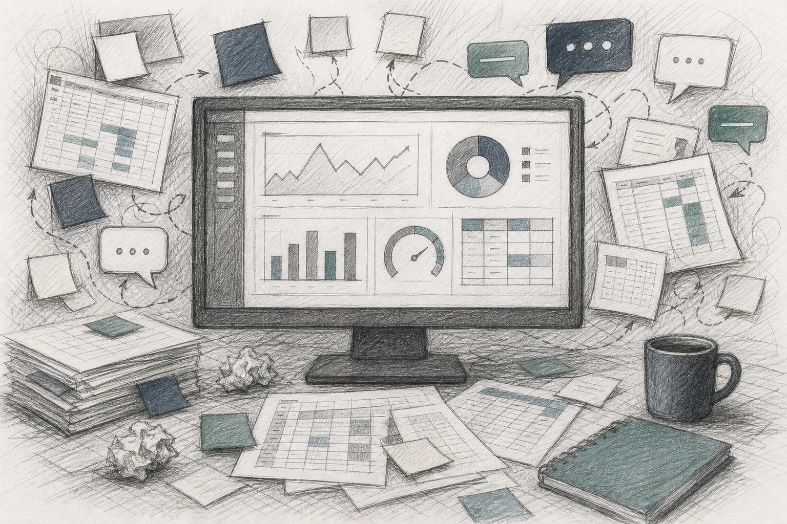 A sketch showing scattered spreadsheets, sticky notes, and disconnected tools representing shadow IT workarounds against a single rigid dashboard screen. sketch, hand-drawn line art pencil sketch style with crosshatching and minimal color