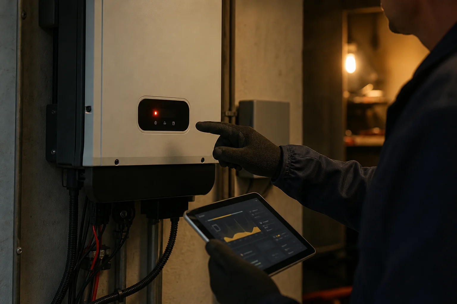 Close-up of a solar inverter display panel showing a fault indicator light, technician inspecting it. photorealistic: A close-up shot of a residential solar inverter mounted on a garage wall, a small red warning indicator light glowing on
