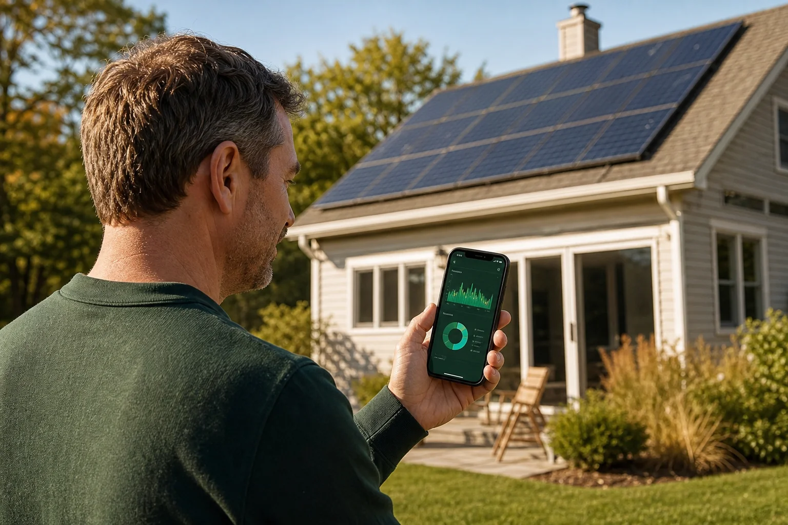 Homeowner checking solar monitoring app on a smartphone with rooftop solar panels visible in background. photorealistic: A homeowner in a Connecticut suburban backyard holding a smartphone displaying a solar energy monitoring dashboard with
