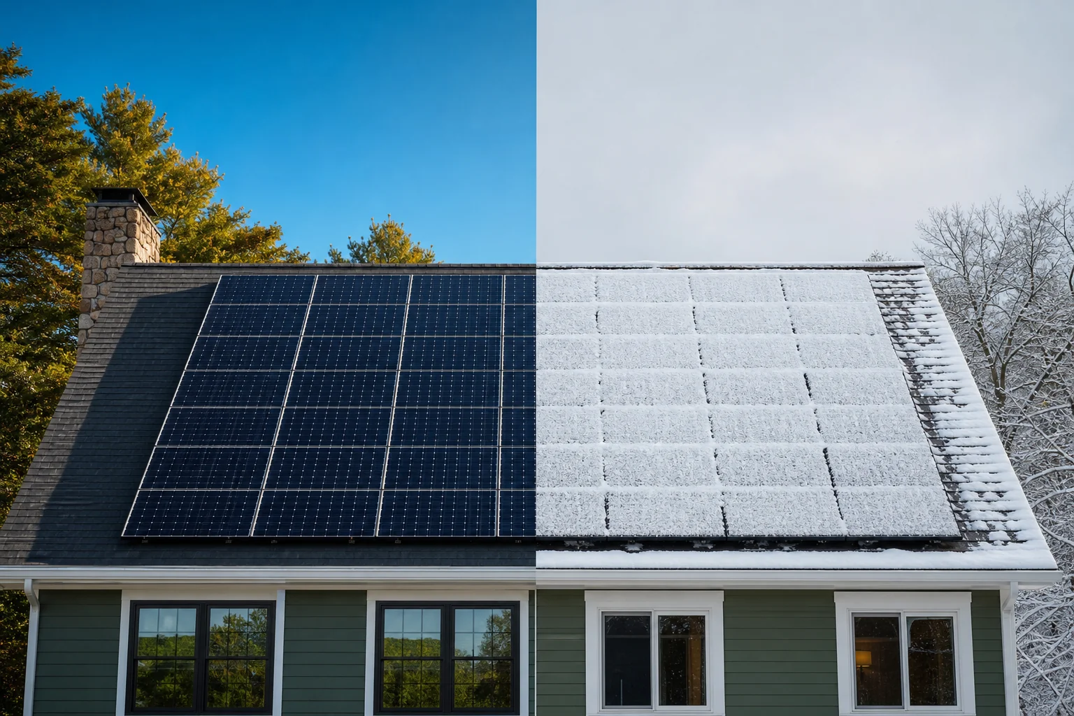 Split seasonal comparison of solar panels under summer sun versus panels with light snow in winter. photorealistic: A side-by-side style photograph composition of a residential rooftop solar array, one half bathed in bright summer sunlight