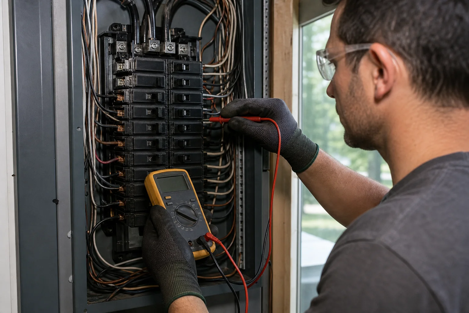 Electrician inspecting a home electrical panel with a multimeter. Photorealistic photo of a licensed electrician examining an open residential electrical panel with a digital multimeter, checking breaker capacity, close-up on hands and