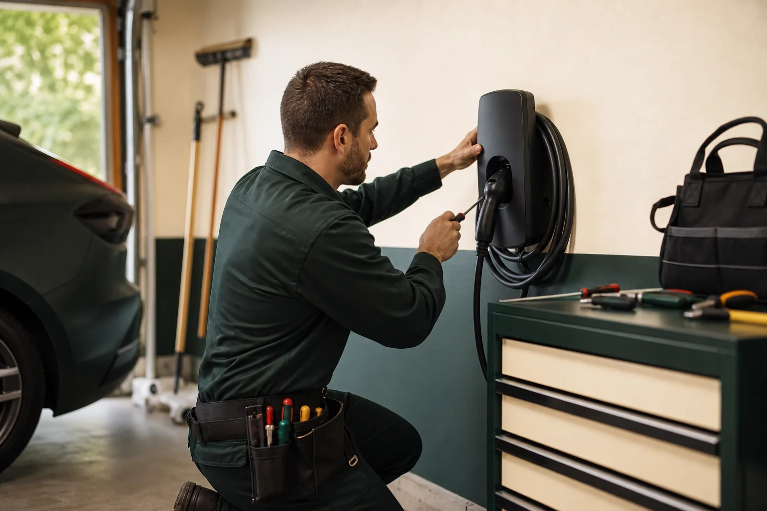 Electrician installing hardwired Level 2 EV charger in home garage. Photorealistic photo of a licensed electrician in work uniform mounting a black hardwired Level 2 EV charger unit on a garage wall, using hand tools, garage has clean