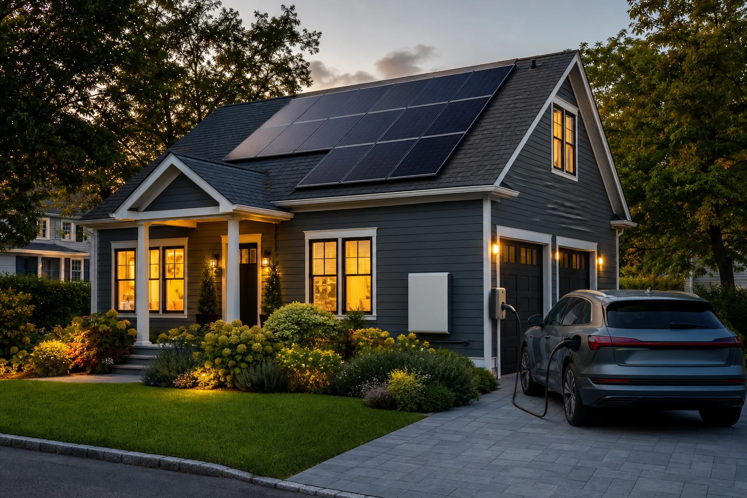 Home with solar panels, battery storage unit, and EV charging in driveway. Photorealistic photo of a suburban New England home with rooftop solar panels, a wall-mounted battery storage unit near the garage, and an electric vehicle charging