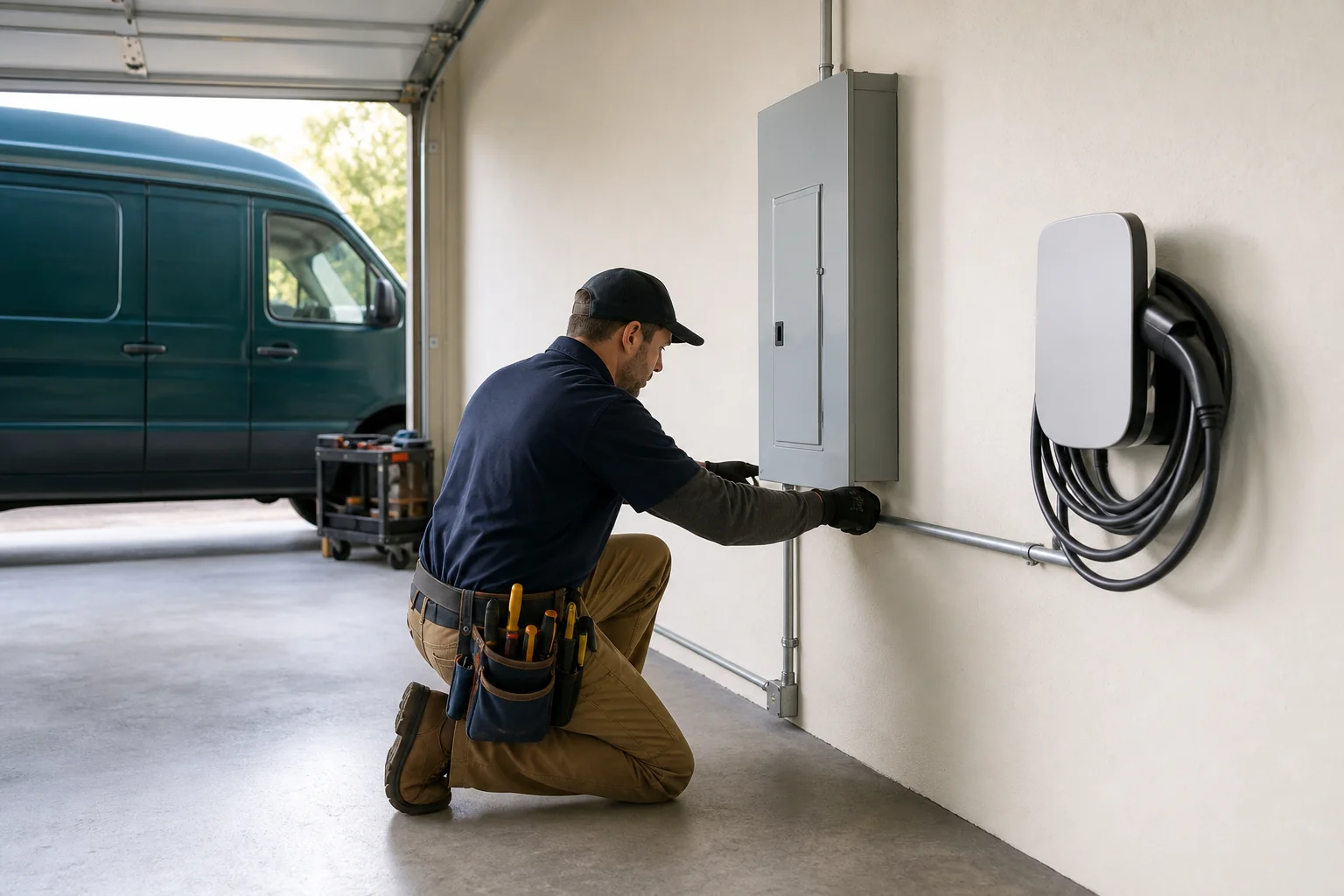 Electrician running conduit wiring from panel to garage wall. Photorealistic photo of an electrician running metal conduit along a garage wall from an electrical panel toward a mounted EV charger, tool belt visible, clean organized garage