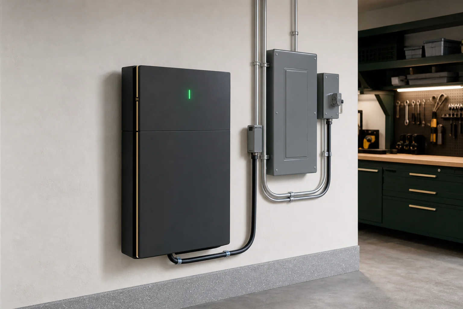 Close-up of a modern home battery storage unit mounted in a garage next to an electrical panel. Photorealistic photo of a modern residential battery storage unit mounted on a clean garage wall next to a home's main electrical panel and