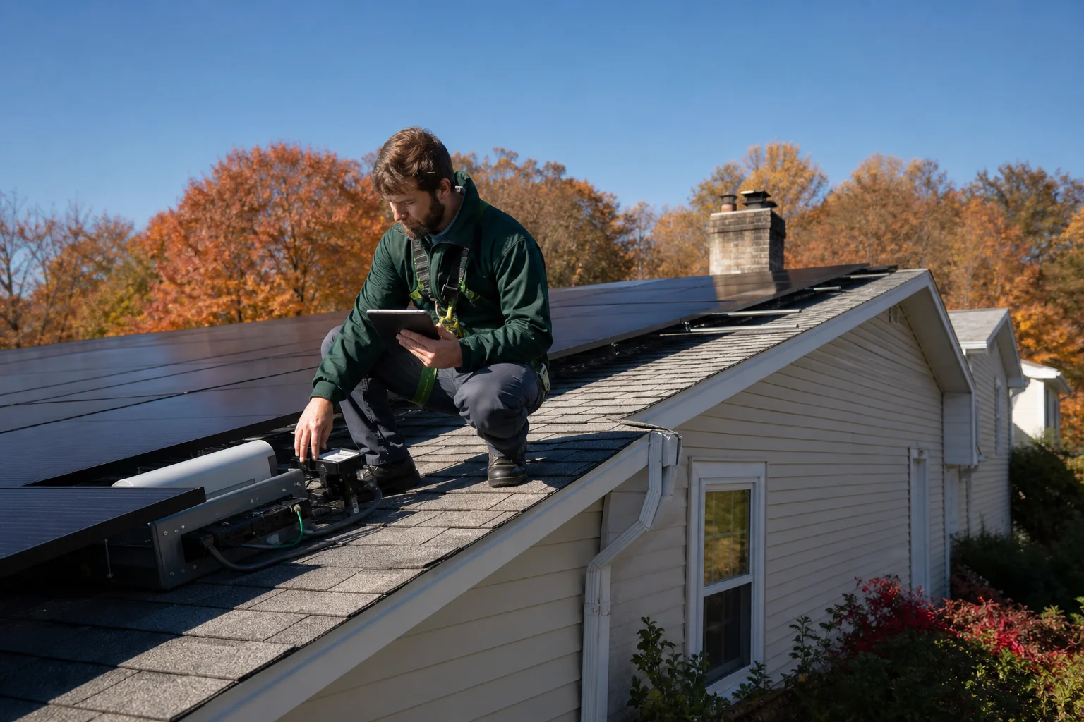 A solar technician inspecting an existing rooftop solar array on a New England home to check retrofit compatibility. Photorealistic photo of a professional solar technician in work uniform standing on a residential asphalt-shingle roof in