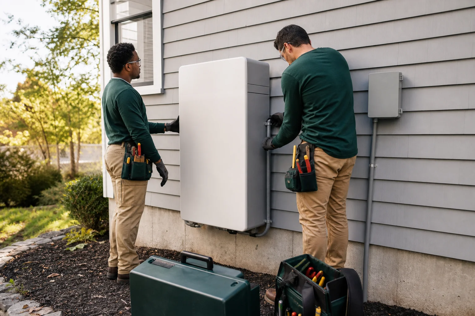 Two-person in-house electrician crew installing a battery storage system on install day. Photorealistic photo of two electricians in matching work uniforms collaborating to install a home battery storage unit on an exterior wall of a house