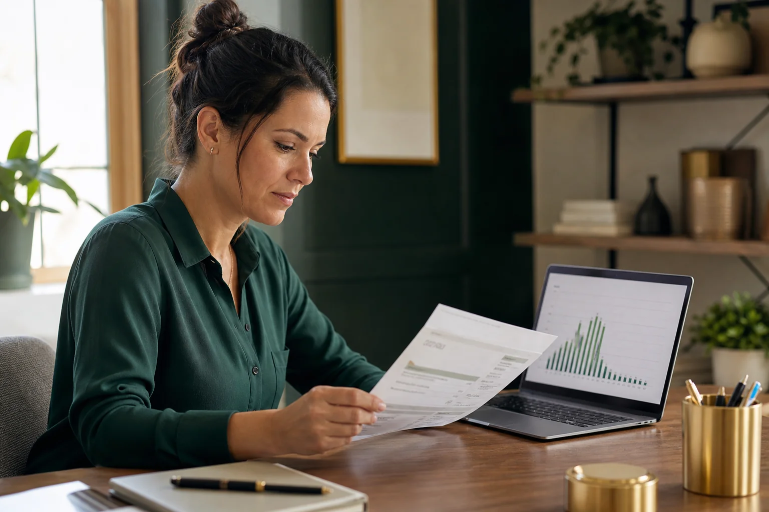 A small business owner reviewing a utility bill and laptop energy dashboard in an office. Photorealistic photo of a small business owner in a modest office reviewing a printed utility bill next to a laptop showing an energy usage graph