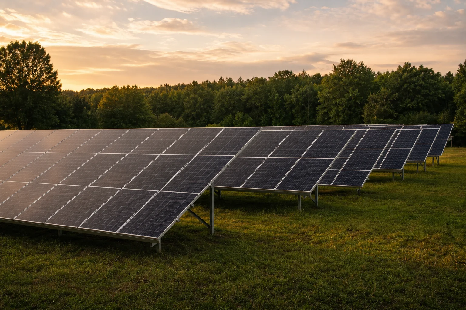 Split-style photo showing a commercial rooftop solar array beside a ground-mounted solar array on open land. Photorealistic wide photo of a ground-mounted commercial solar panel array on open grassy land in Connecticut, rows of black solar