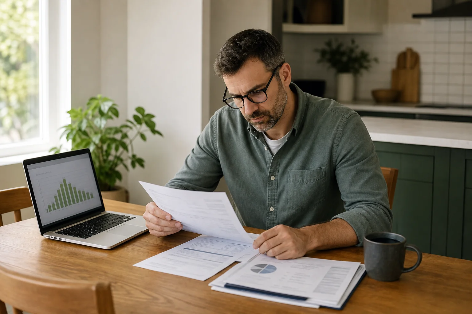 A homeowner reviewing solar savings and utility bill paperwork at a kitchen table with a laptop showing energy data. Photorealistic photo of a homeowner sitting at a wooden kitchen table reviewing printed utility bills and a laptop