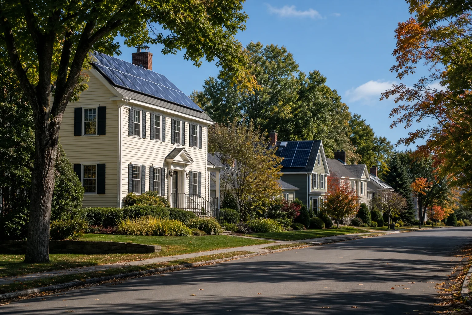 Photorealistic photo of a quiet New England suburban street in early autumn with several homes featuring rooftop solar panels, warm natural daylight, deep green (#0A2E1F) foliage accents and a cream-colored (#F5F1E8) colonial-style house