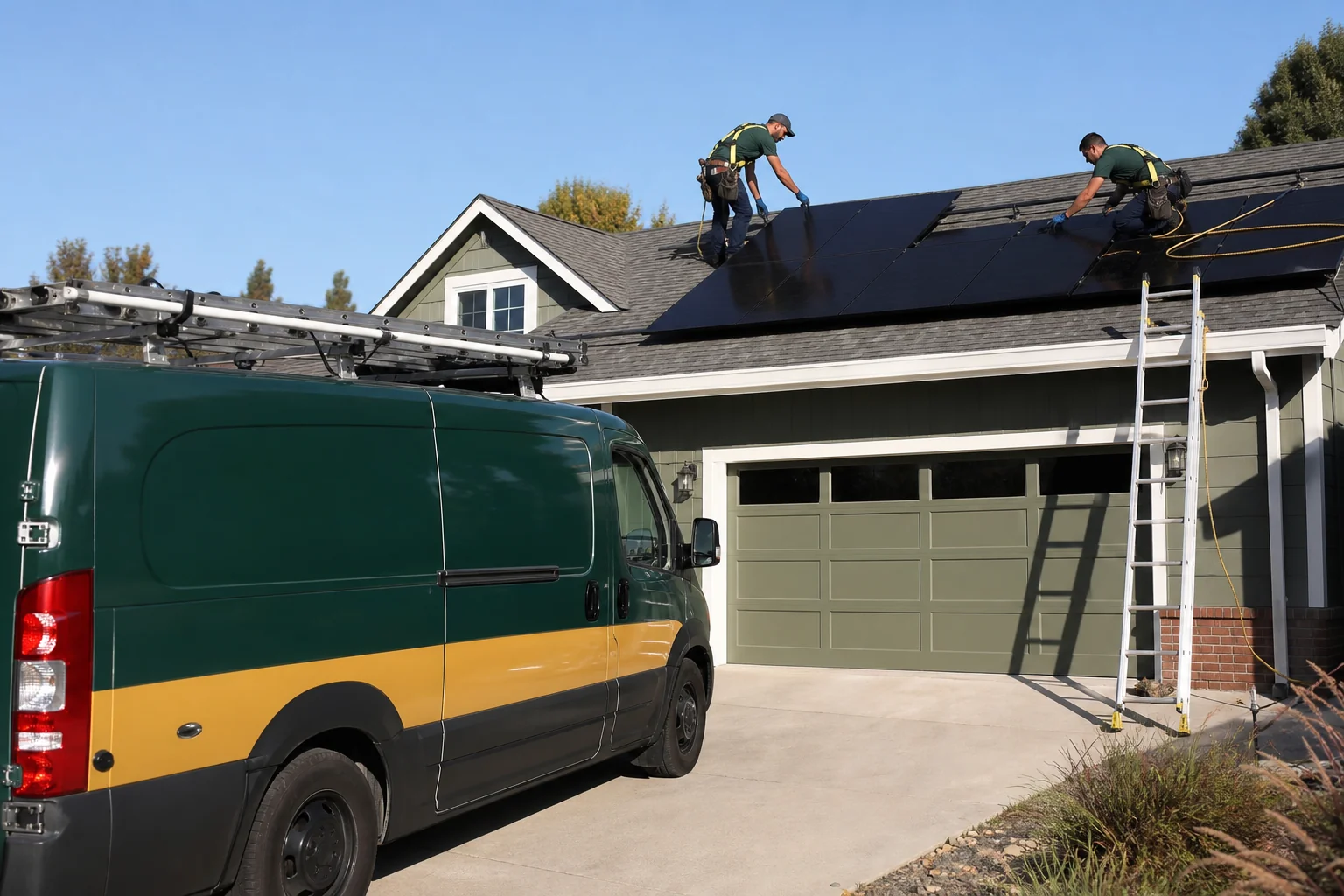 Photorealistic photo of two solar installers in work uniforms mounting black solar panels on a residential asphalt shingle roof under a clear blue sky, morning light, tool belts and safety harnesses visible, dark green and gold (#0A2E1F and