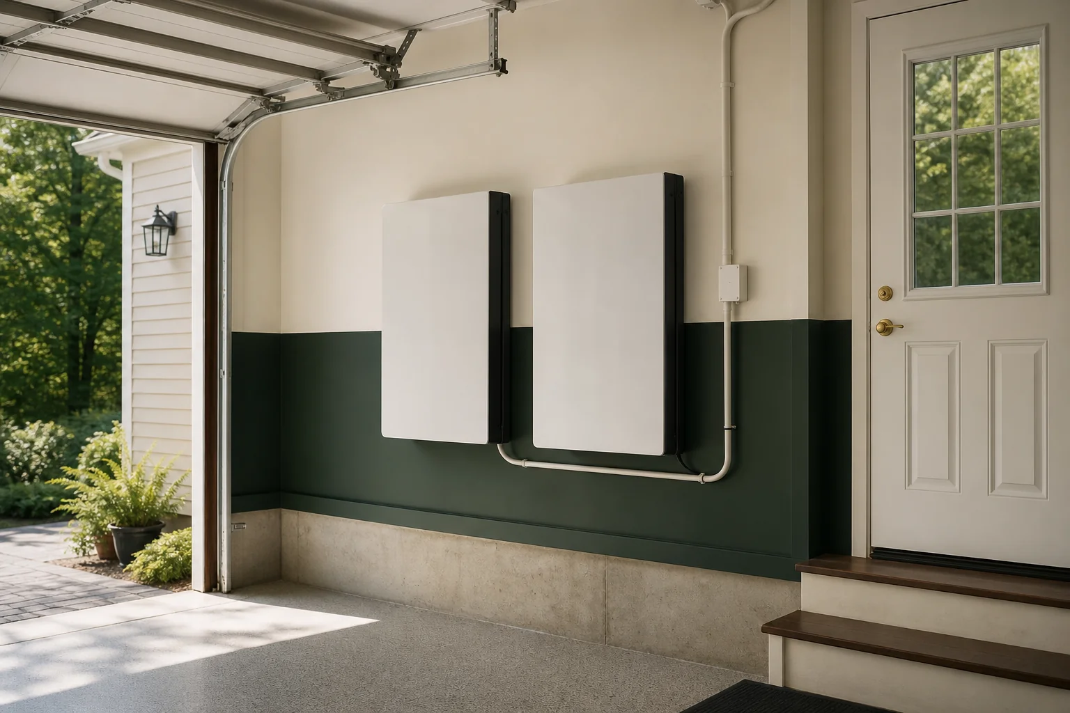 Two home battery storage units mounted on a garage wall, representing the comparison. Photorealistic photo of a clean residential garage wall in a New England home with two sleek modern home battery storage units mounted side by side, soft