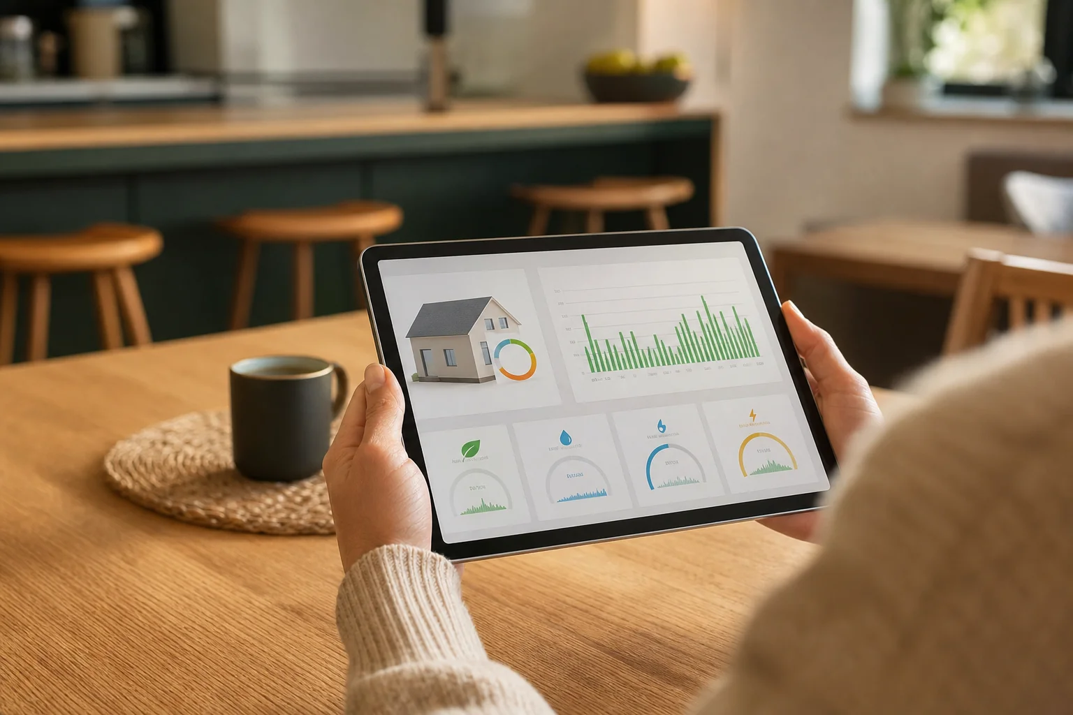 Close-up of a homeowner reviewing solar and battery monitoring app on a tablet at home. Photorealistic photo of a homeowner's hands holding a tablet displaying a home energy monitoring dashboard, sitting at a kitchen table with warm natural