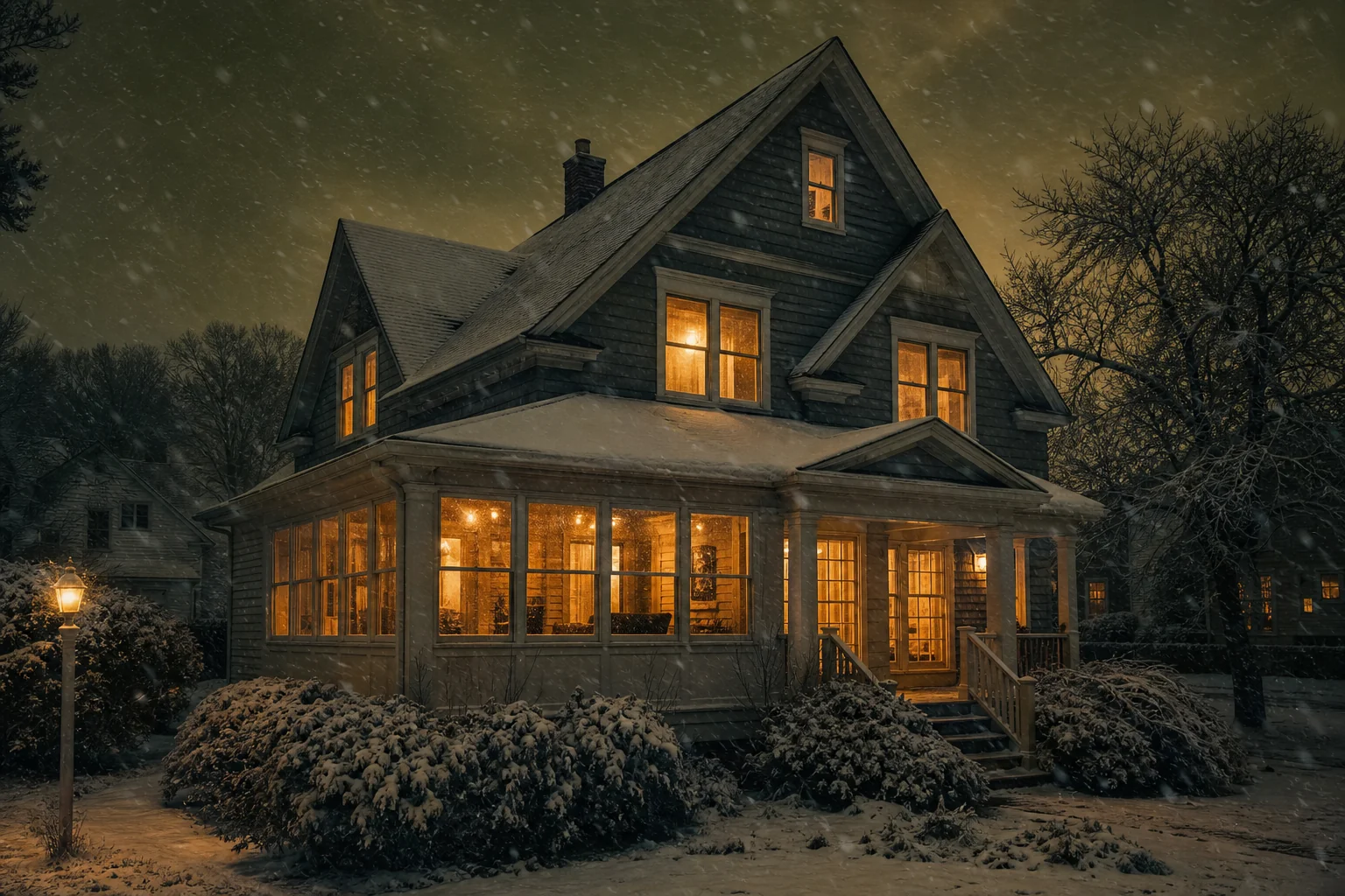 Home during a power outage at night with battery backup keeping lights on. Photorealistic photo of a New England suburban house at dusk during a winter storm with snow falling, warm interior lights glowing through the windows powered by