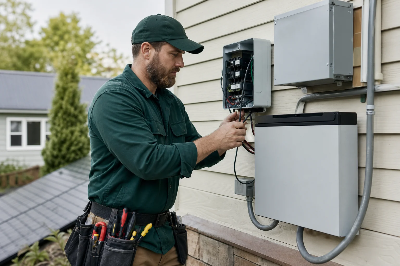 Solar installer technician inspecting battery wiring during a retrofit installation. Photorealistic photo of a professional solar technician in work uniform inspecting electrical wiring and a battery storage unit mounted on a home's