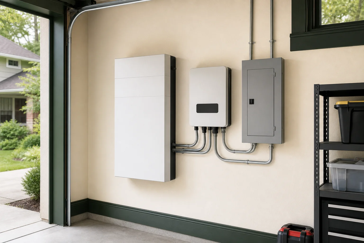 Home battery storage unit installed next to solar equipment in a garage. Photorealistic photo of a modern home energy storage battery mounted on a garage wall next to an electrical panel and solar inverter, clean organized wiring, warm