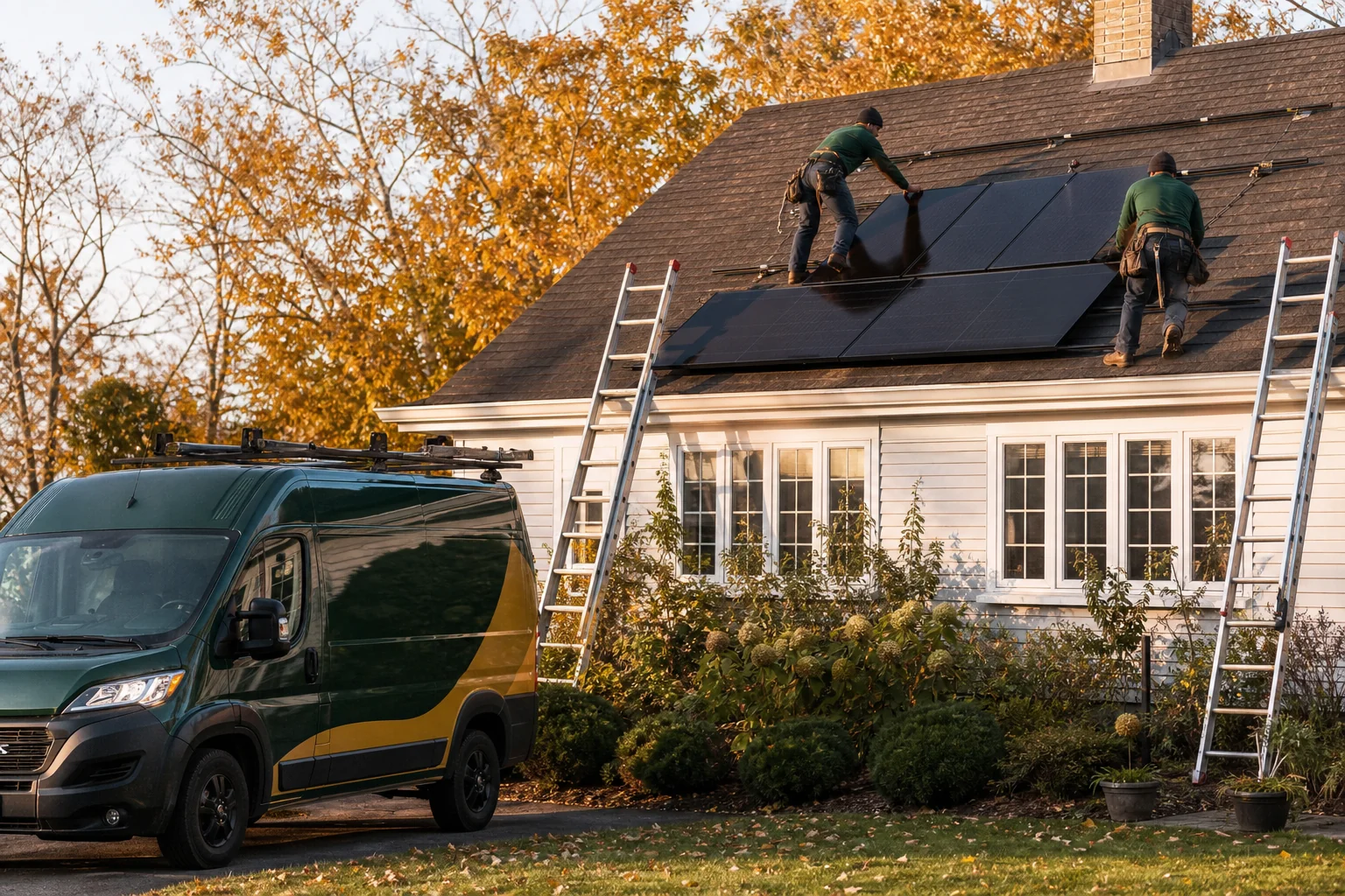 Photorealistic hero image of a residential solar installation in progress in Connecticut, showing crew and panels. Photorealistic photo of a New England style home with a dark asphalt roof mid-solar-installation, two workers in dark green