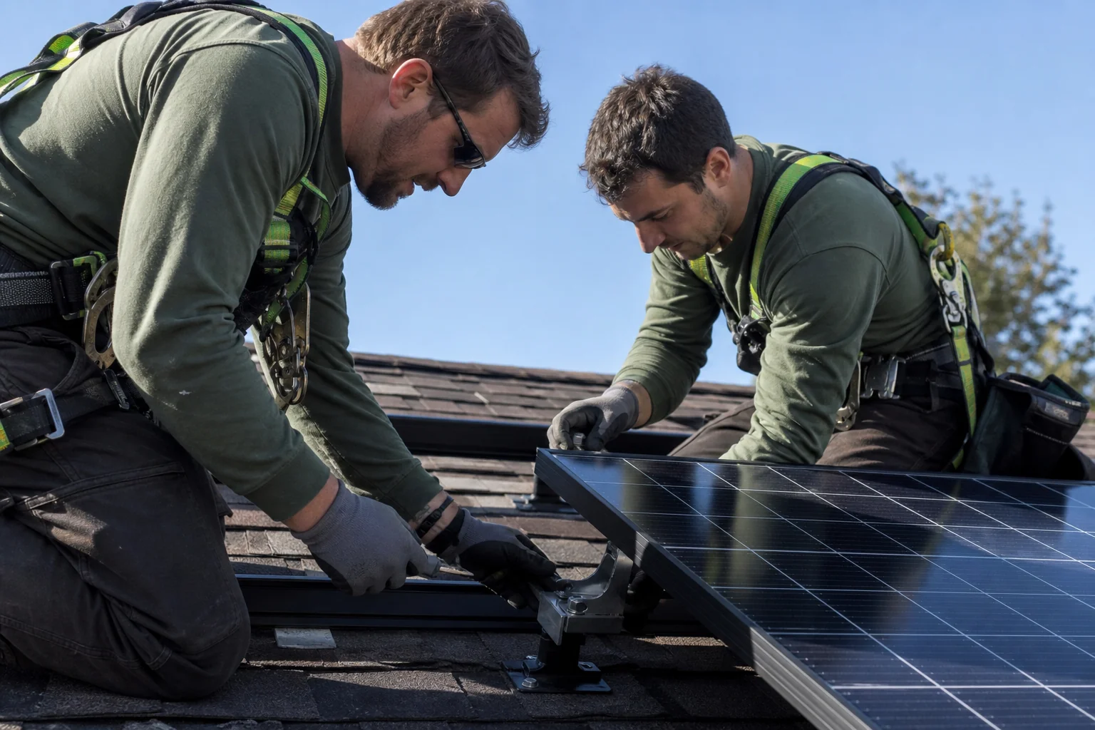 Photorealistic photo of a two-person solar installation crew wearing matching dark green uniforms and safety harnesses, working together to bolt a solar panel bracket onto a residential rooftop in Connecticut, clear blue sky, natural