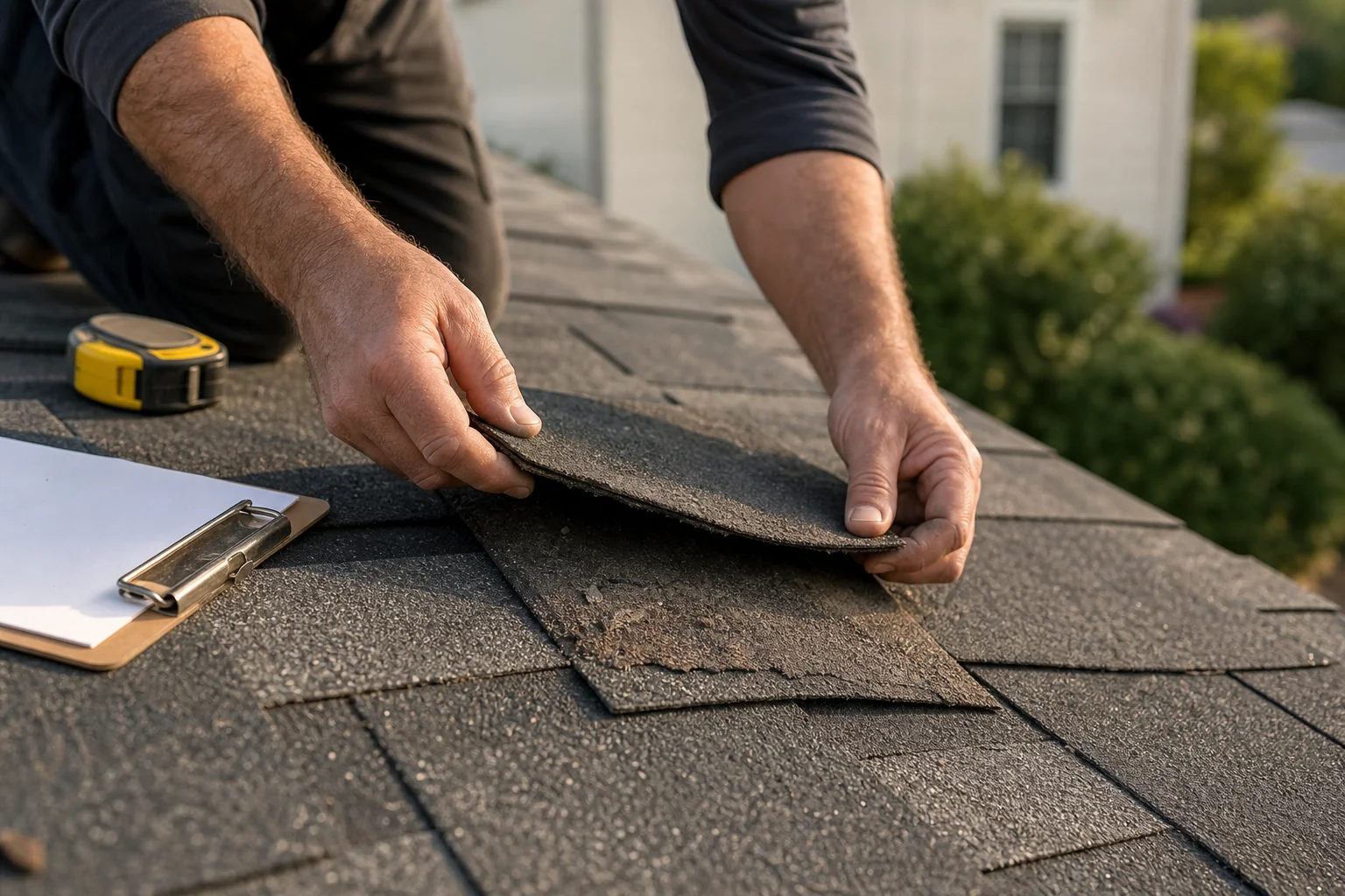 Close-up of a roof inspector examining shingles and attic before solar decision. photorealistic close-up photo of a contractor's hands inspecting curled and worn asphalt shingles on a residential roof, checking for granule loss and wear