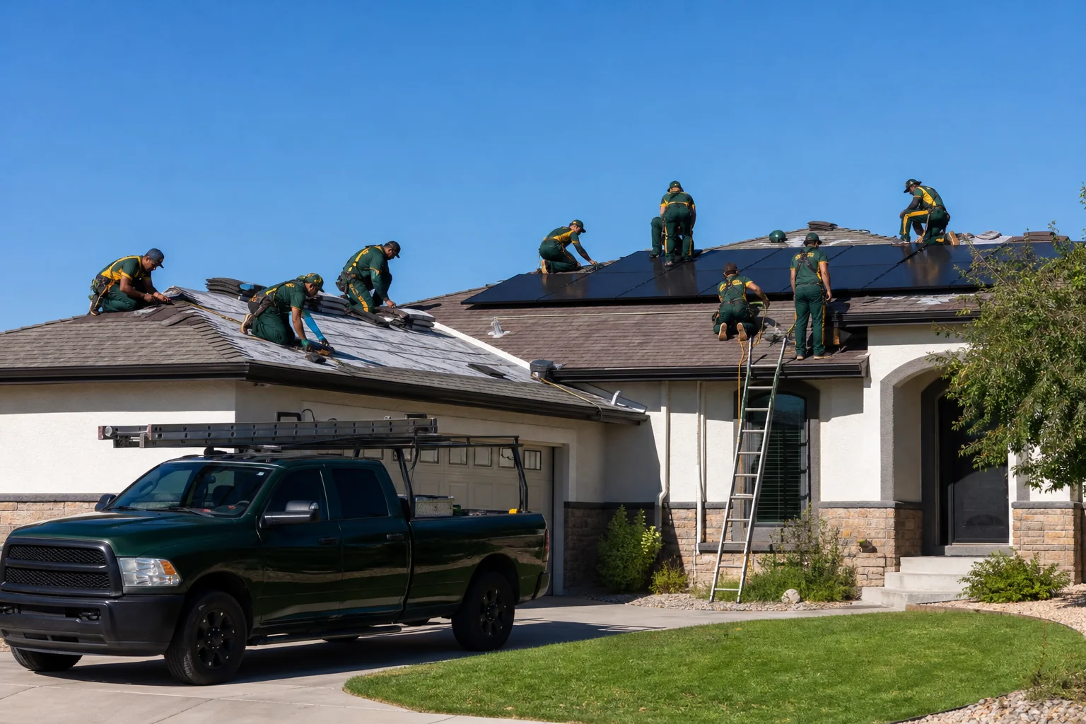 Single unified crew in matching uniforms installing both roofing and solar equipment. photorealistic photo of a single unified installation crew wearing matching dark green (#0A2E1F) uniforms with gold (#C9A227) accents, some crew members