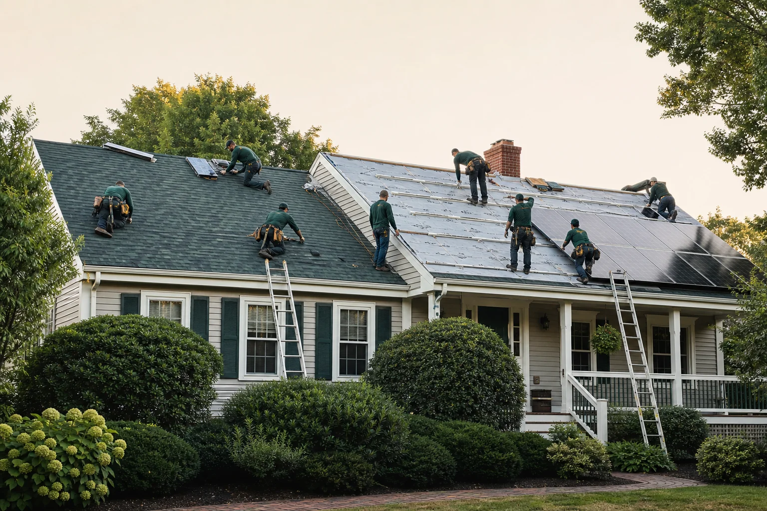 Roofing and solar crew working together on a residential roof during a combined install. photorealistic photo of a two-story New England home with a crew of roofers and solar installers working together on the roof, new asphalt shingles on