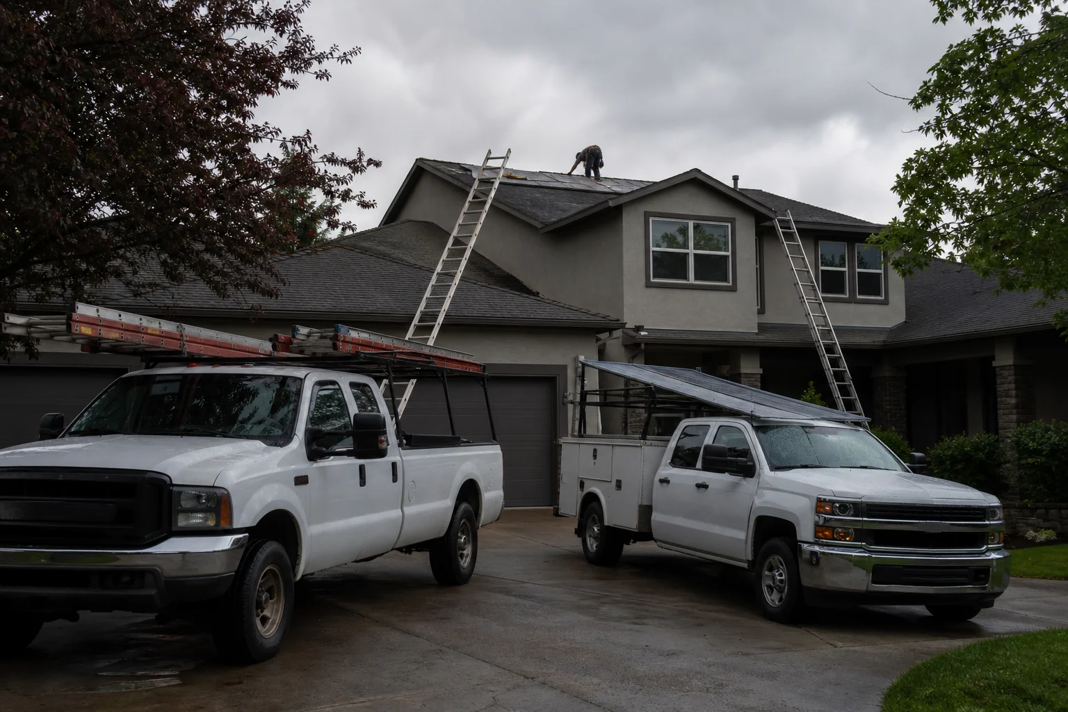 photorealistic photo of two different unmarked contractor trucks parked awkwardly in a driveway of a suburban home, one roofing truck and one solar truck, ladders leaning against the house from different angles suggesting uncoordinated