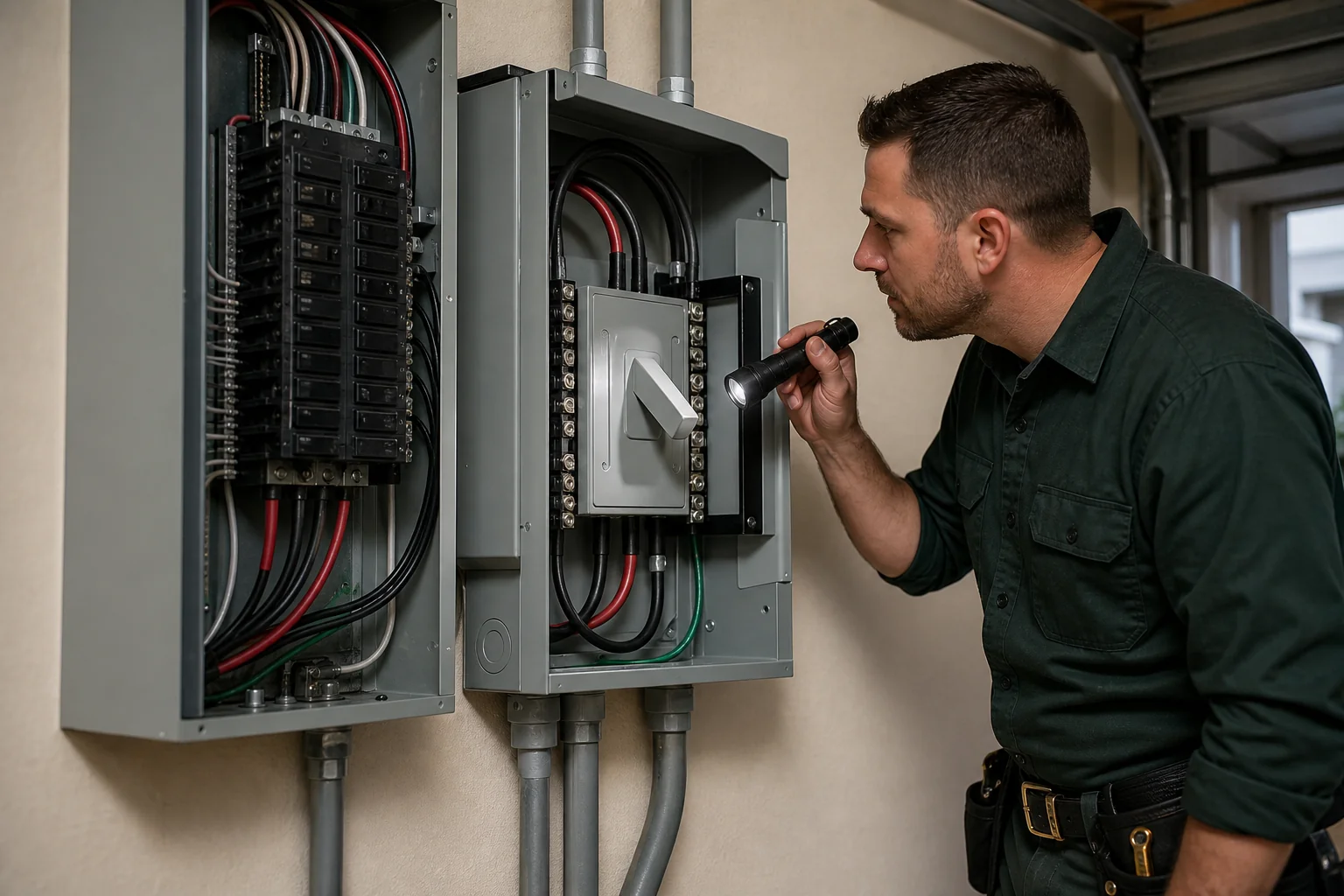 Close-up of an automatic transfer switch and electrical panel with a technician working. Photorealistic close-up photograph of a residential electrical panel and automatic transfer switch mounted on an exterior wall, with a solar