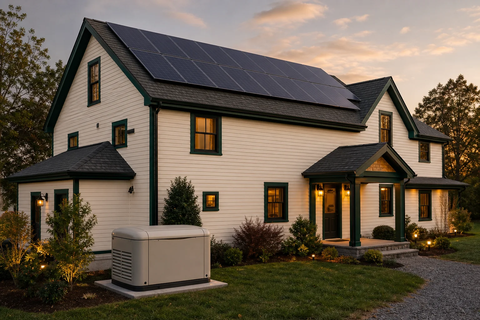 Home exterior with rooftop solar panels and a standby generator visible in the yard, New England setting. Photorealistic exterior photo of a New England style home at dusk with dark green (#0A2E1F) trim, rooftop solar panels installed