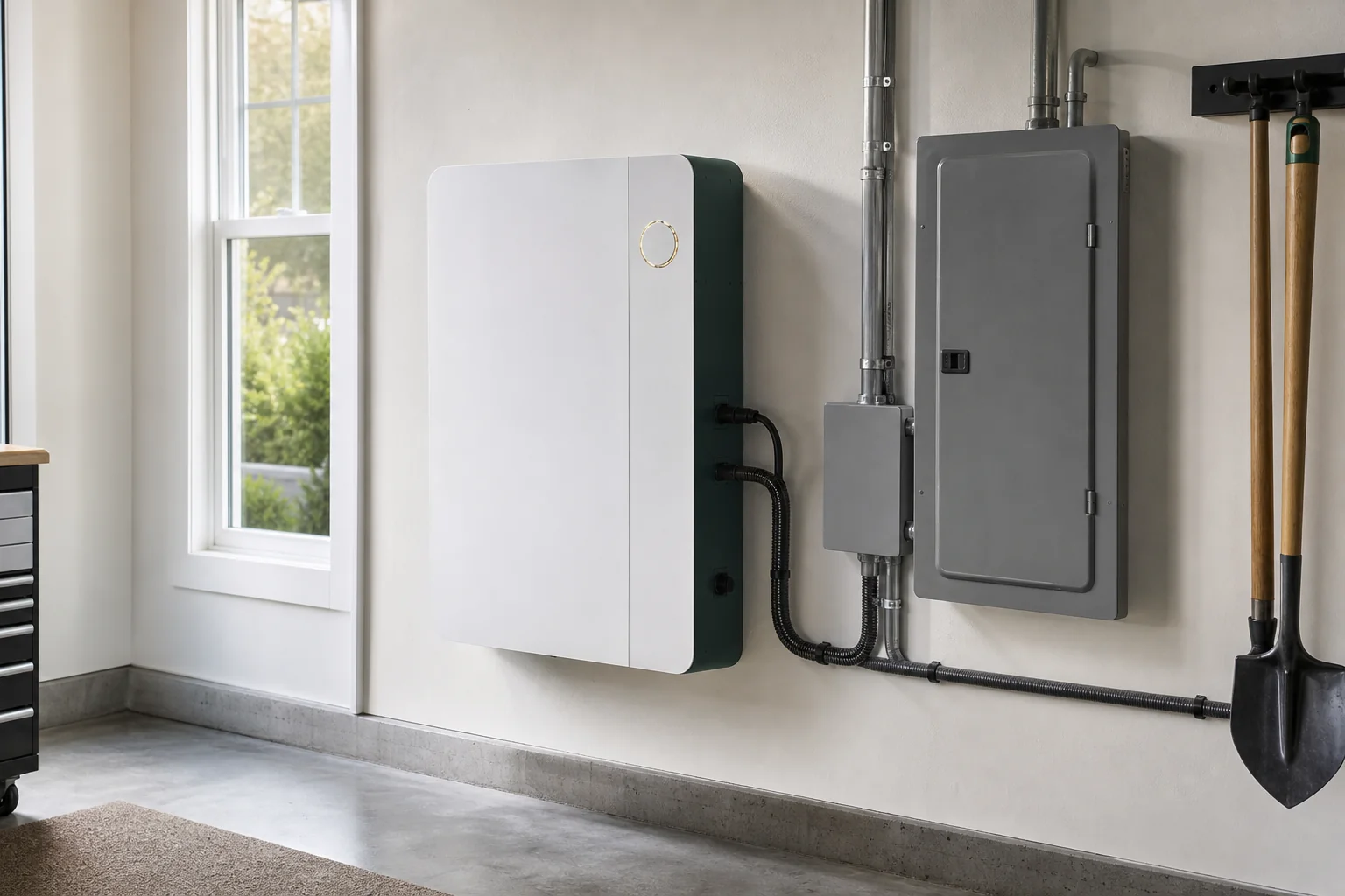Battery storage unit mounted on wall beside home electrical panel. Photorealistic photograph of a modern home battery storage unit mounted on a garage wall next to the main electrical panel, sleek white and dark green housing, clean cable