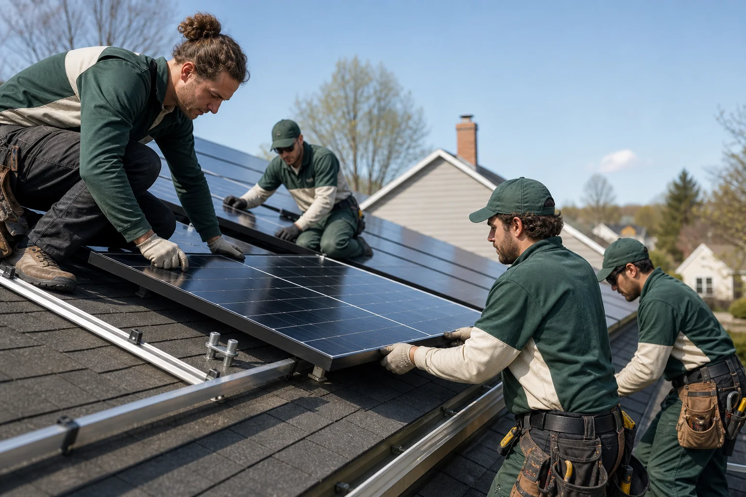 photorealistic photo of a coordinated four-person solar installation crew wearing matching dark green and cream uniforms, mounting solar panels on a suburban Connecticut home rooftop, clear blue sky, tools and panel racking visible, warm