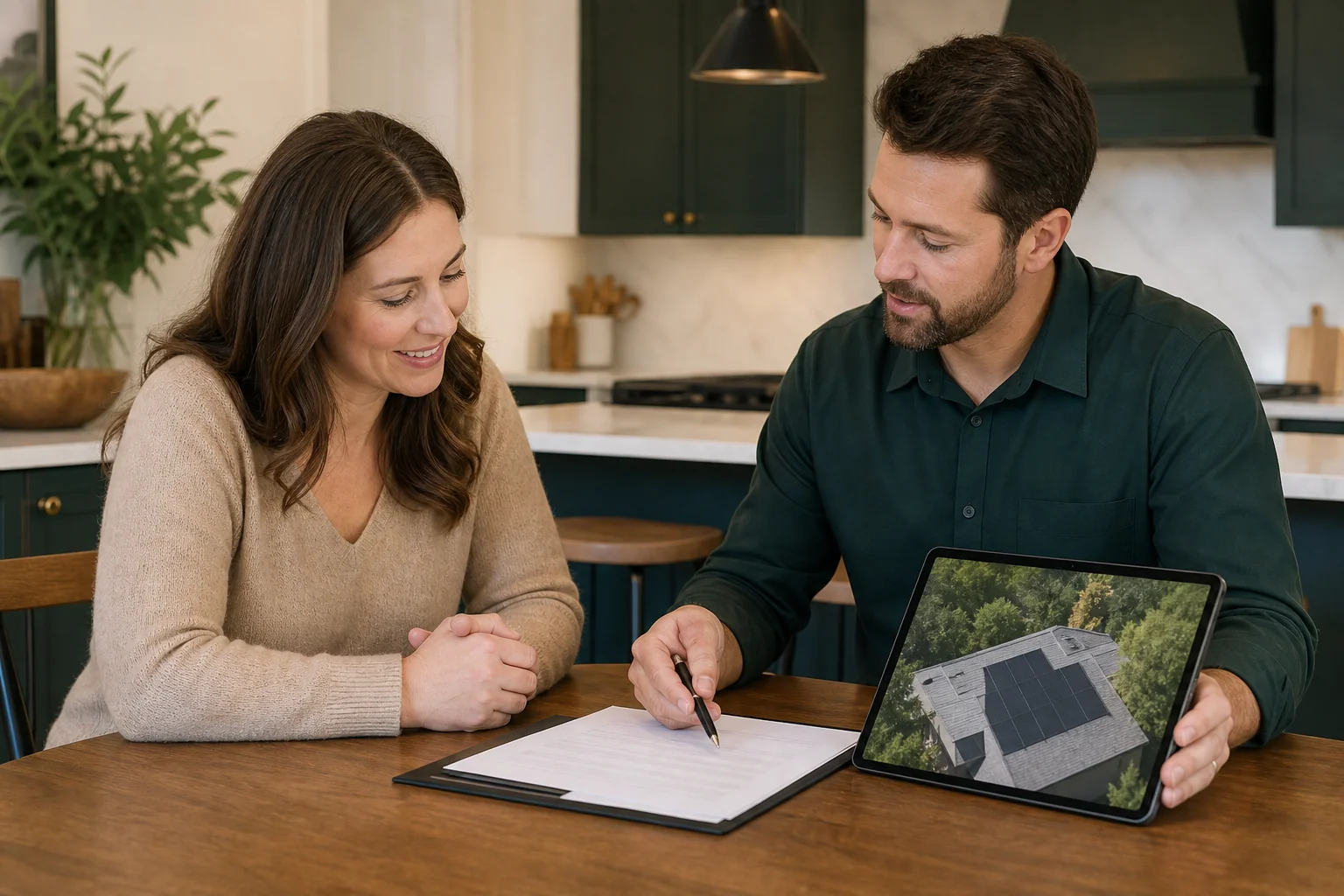 Homeowner reviewing a solar contract with an installer at a kitchen table. photorealistic photo of a homeowner and a solar company representative sitting at a kitchen table reviewing a printed contract and a tablet showing a rooftop solar