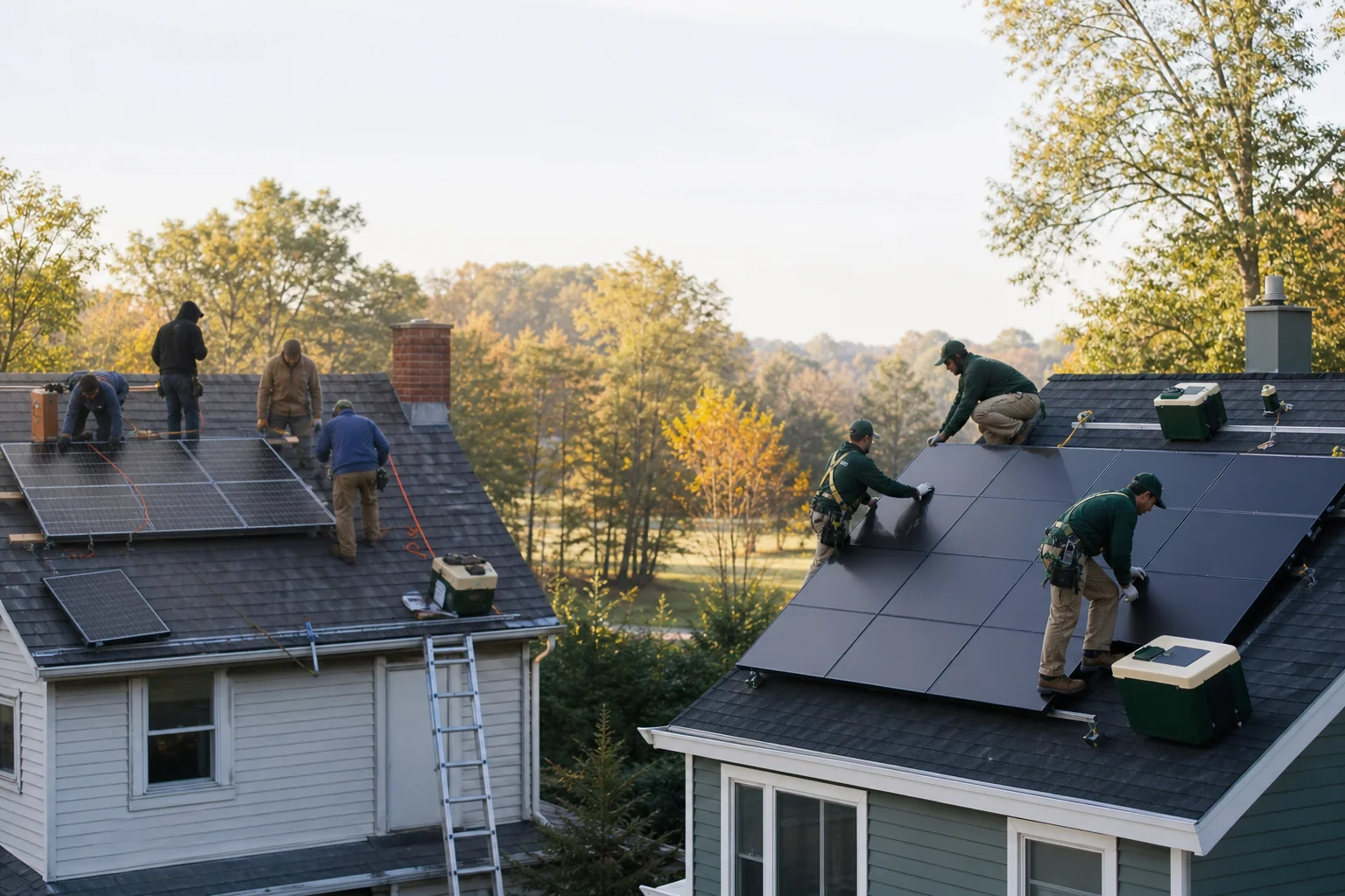 photorealistic wide shot of two solar installation crews on adjacent New England residential rooftops in early morning light, left side shows mismatched trucks and uncoordinated workers, right side shows a uniformed crew working in sync