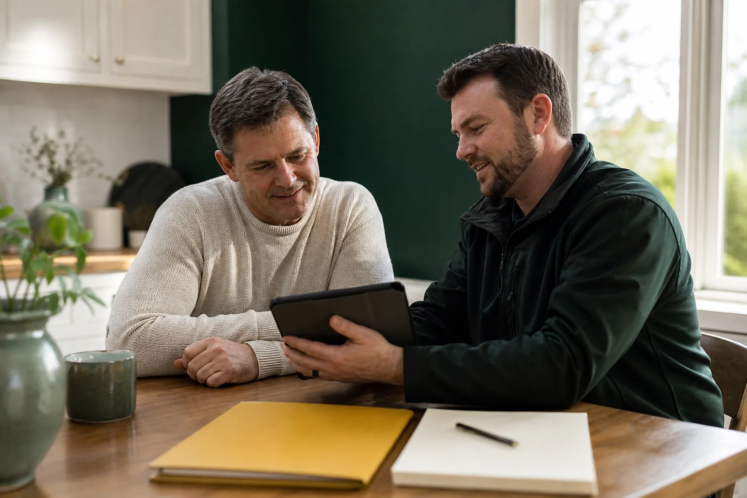 Homeowner reviewing solar financing paperwork with installer at kitchen table. Photorealistic photo of a homeowner and a solar installer sitting at a kitchen table in a New England home, reviewing a tablet showing solar financing paperwork