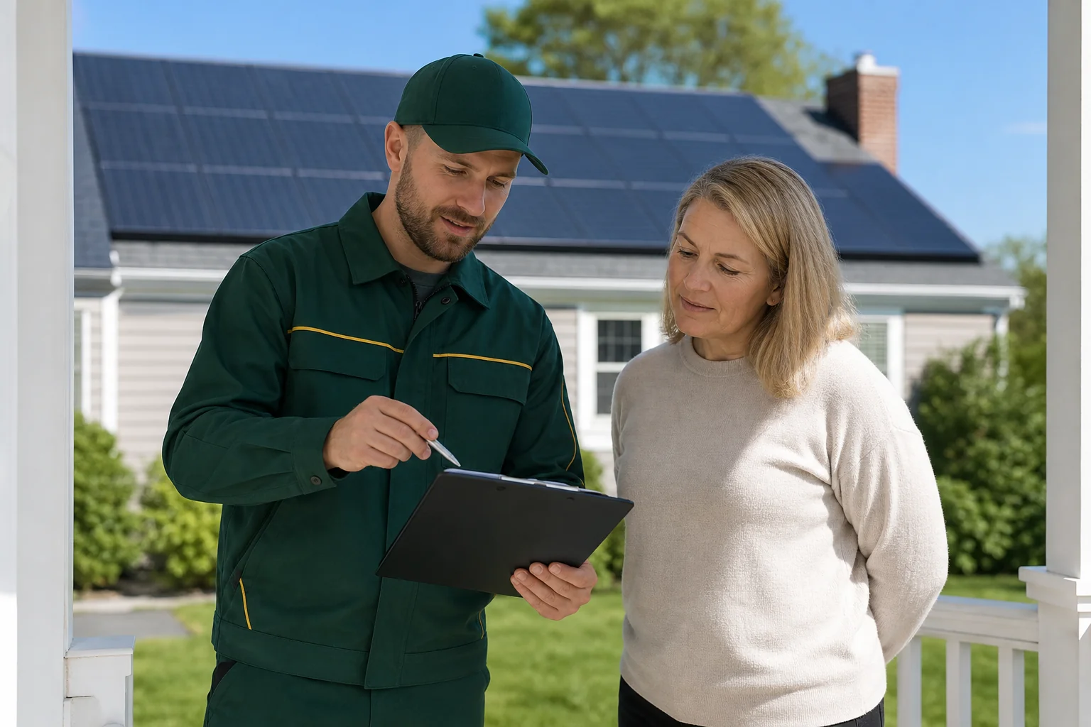 Solar installer explaining a PPA contract to a homeowner on a porch with rooftop solar visible. Photorealistic photo of a solar installer in work uniform explaining a contract on a clipboard to a homeowner on a Connecticut home porch