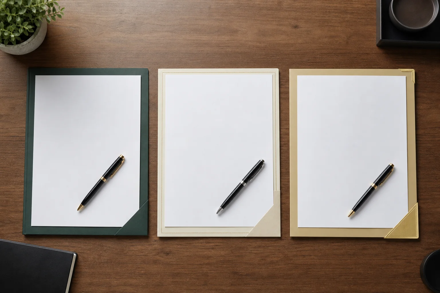 Close-up of three different solar contract documents laid side by side on a desk. Photorealistic photo of three distinct paper contracts laid side by side on a wooden desk, each labeled visually different by folder color (dark green, cream