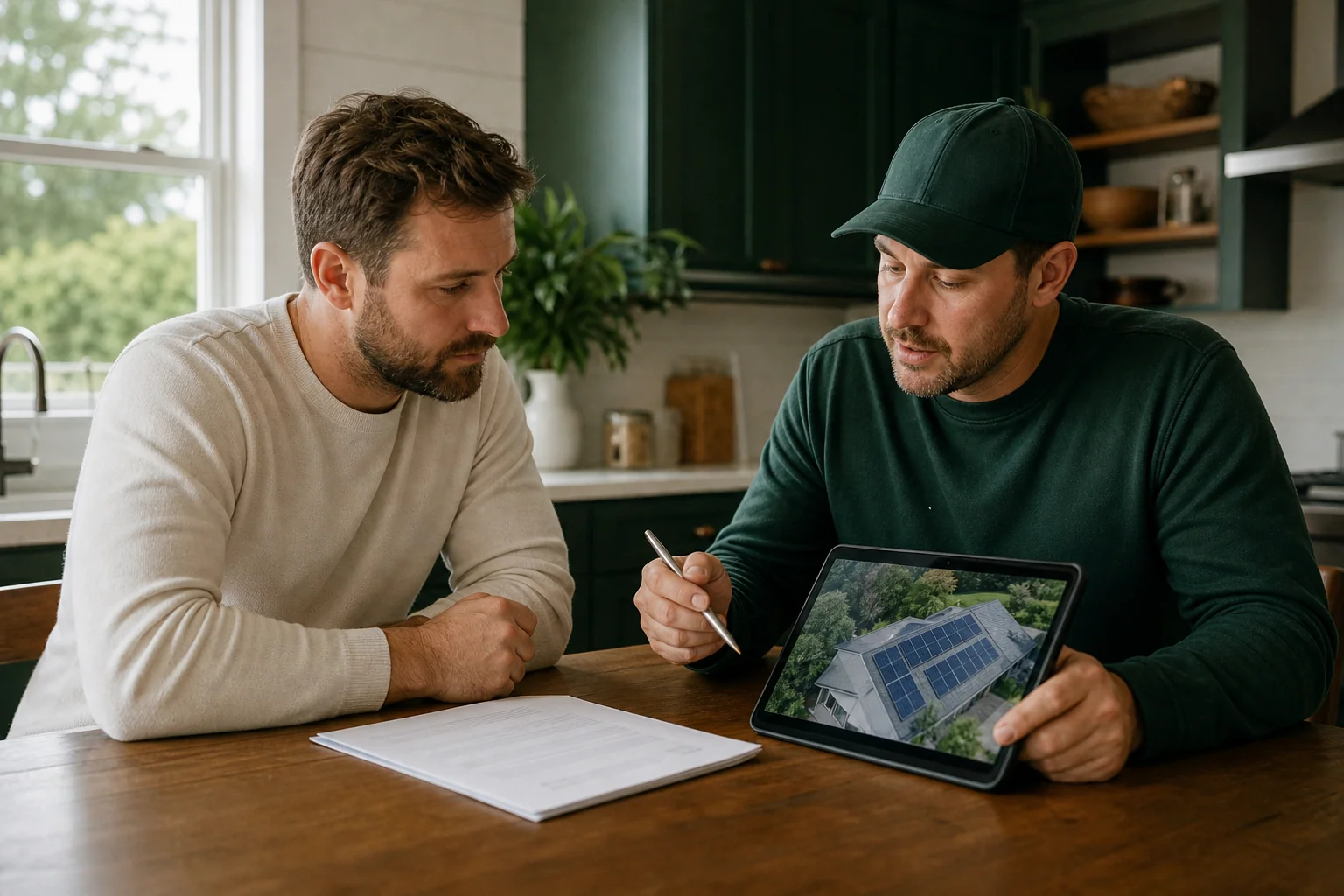 Homeowner reviewing a solar contract with an installer at the kitchen table. photorealistic photo of a homeowner and a solar installer sitting at a kitchen table reviewing a printed contract and tablet showing a solar panel layout, warm
