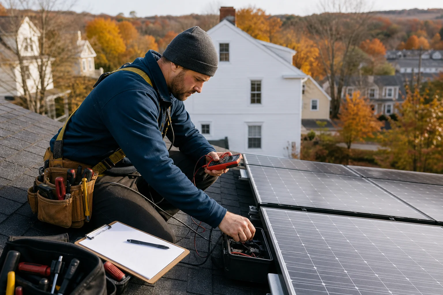 Technician performing maintenance check on rooftop solar panels. photorealistic photo of a solar service technician kneeling on a residential rooftop inspecting a solar panel junction box with a diagnostic tool, toolbelt and clipboard