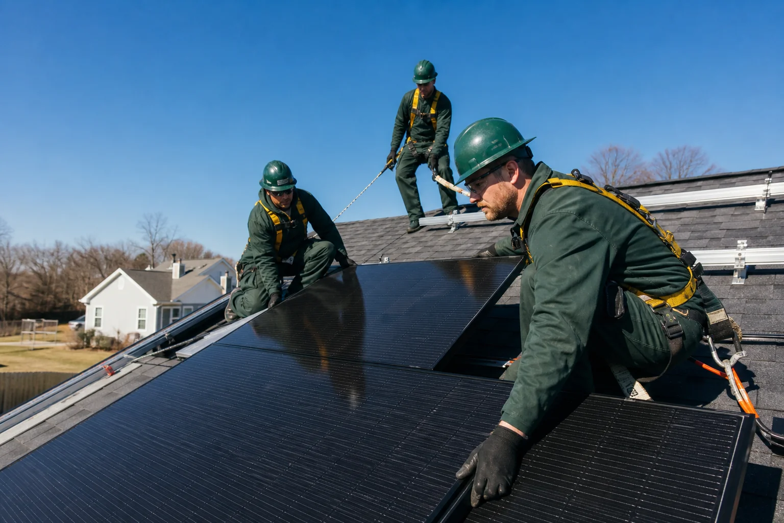 Uniformed solar installation crew working on a residential roof. photorealistic photo of a uniformed solar installation crew of three workers mounting solar panels on a suburban Connecticut rooftop, clear blue sky, safety harnesses visible
