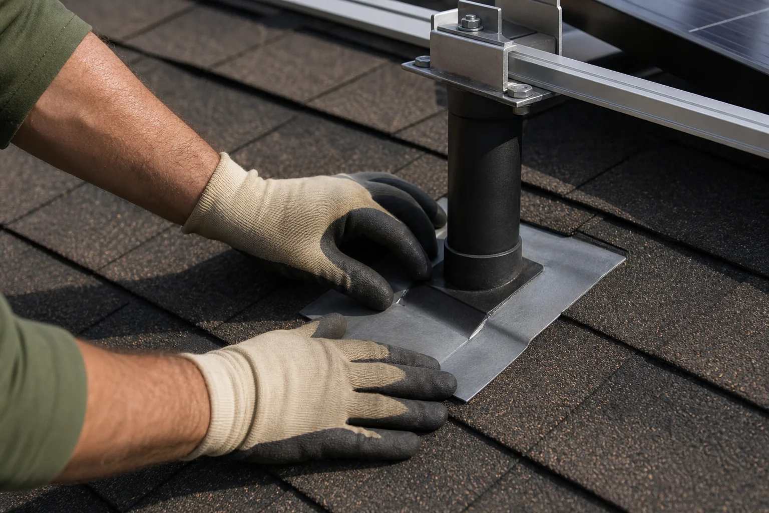 Close-up of a technician inspecting a roof penetration and flashing detail for water intrusion issues. Photorealistic close-up photo of a solar technician's gloved hands inspecting metal flashing around a roof penetration where solar