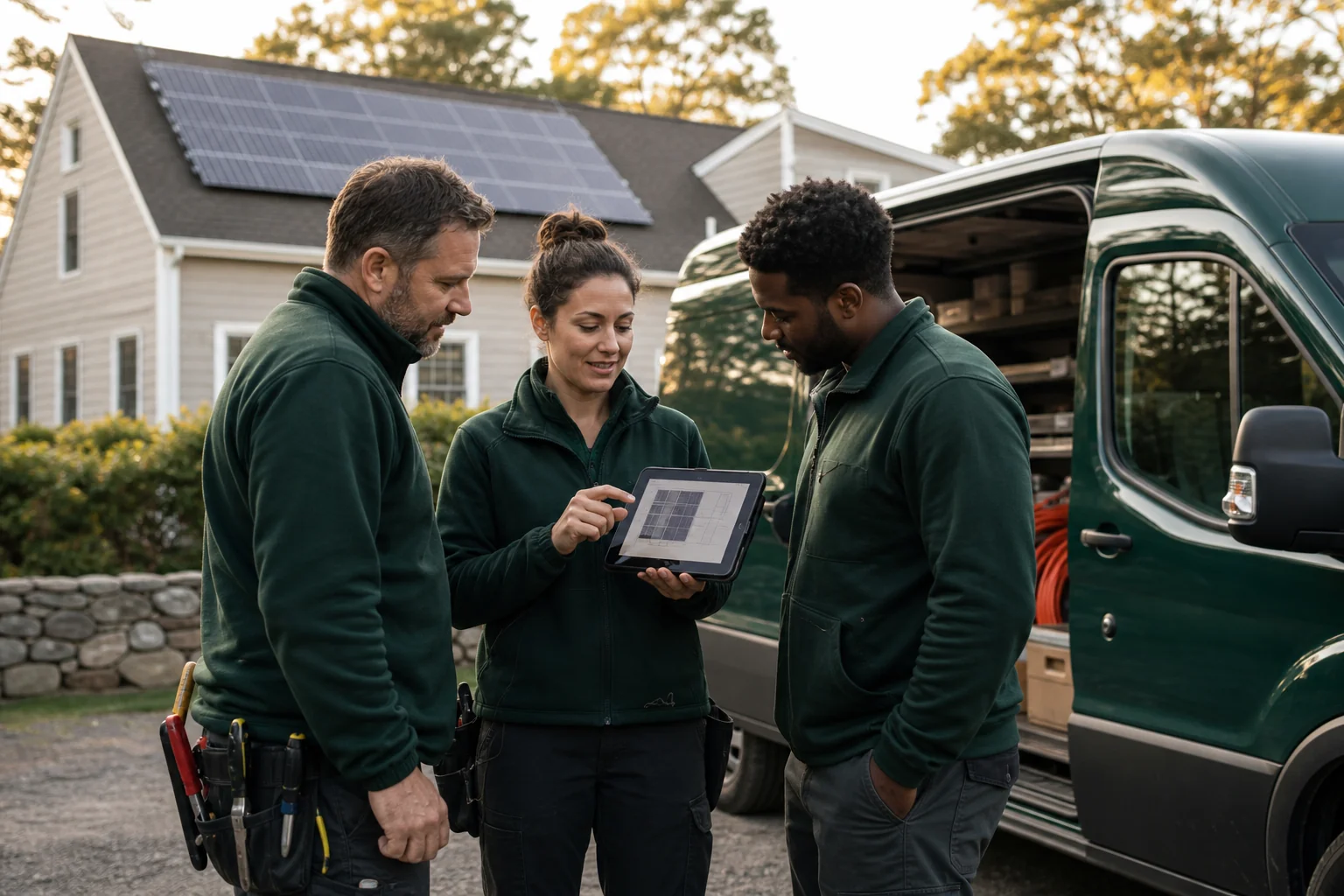 A small crew reviewing an install plan on a tablet in front of a home with solar panels already mounted. Photorealistic photo of a three-person solar installation crew in branded dark green uniforms standing beside a work van, reviewing a