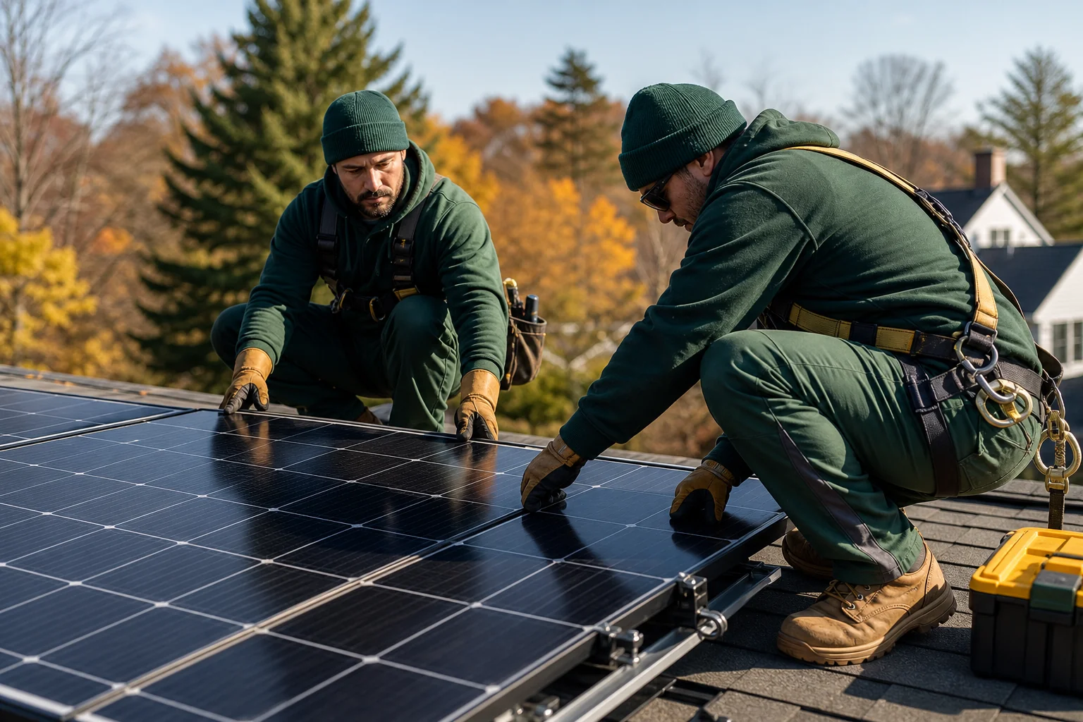 Photorealistic wide shot of two solar installers in matching dark green branded workwear installing rooftop solar panels on a suburban Connecticut home, clear morning light, clean tool organization, visible teamwork and coordination, warm