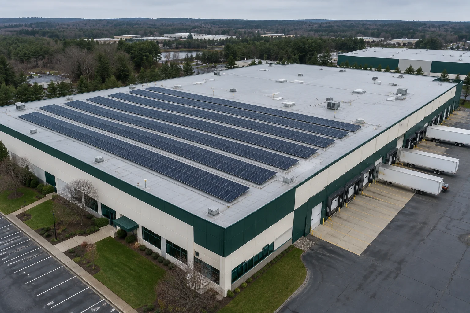 Wide aerial view of a large flat warehouse rooftop with solar panels partially installed. photorealistic aerial drone photograph of a large flat warehouse rooftop in New England with rows of dark solar panels installed across half the roof