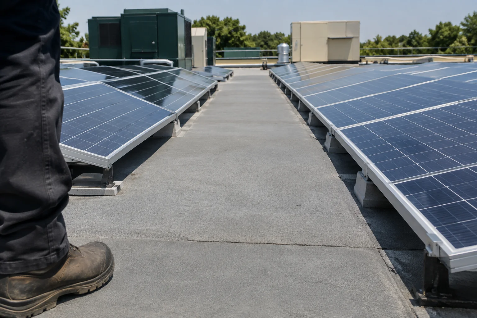 Close-up of clear pathway setback on a commercial rooftop between solar panel rows. photorealistic close-up photograph on a commercial flat warehouse rooftop showing a wide clear walking aisle between two rows of solar panels, roofing