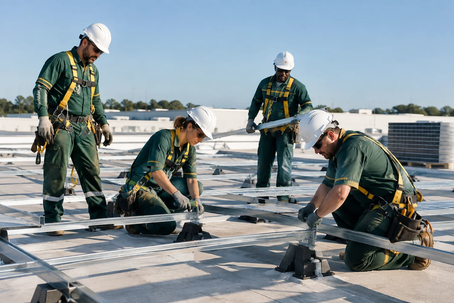In-house solar installation crew working on a commercial warehouse rooftop. photorealistic photograph of a four-person solar installation crew in matching dark green work uniforms installing solar panel racking on a flat commercial